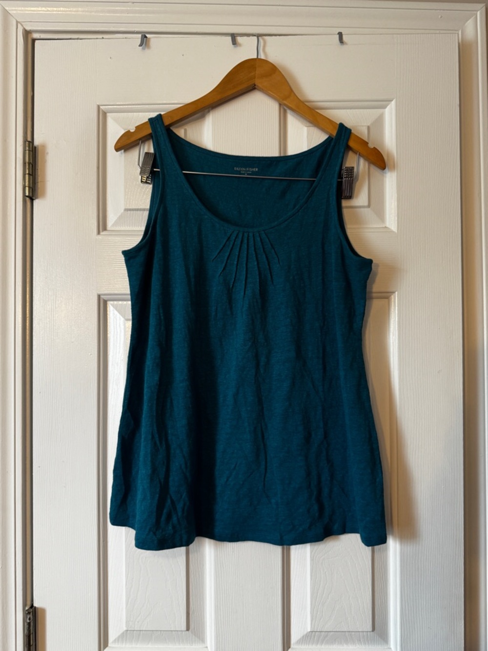 Eileen Fisher Teal Blue 100% Linen Pleated Scoop Neck Tank Top